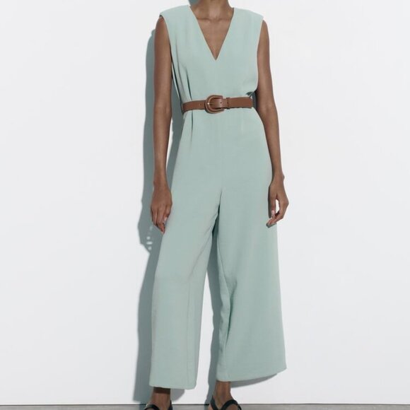 Zara Sleeveless Jumpsuit Wide Leg V-Neck Contrast Belt Womens XL Green Blog Fave - Picture 1 of 6